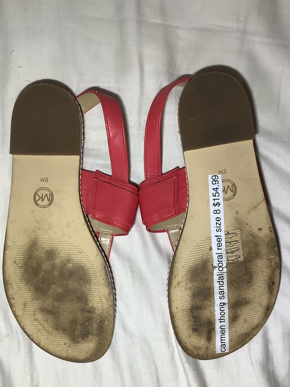 Michael Kors Coral Red Thong Sandals with Gold MK Emblem - Picture 3 of 4